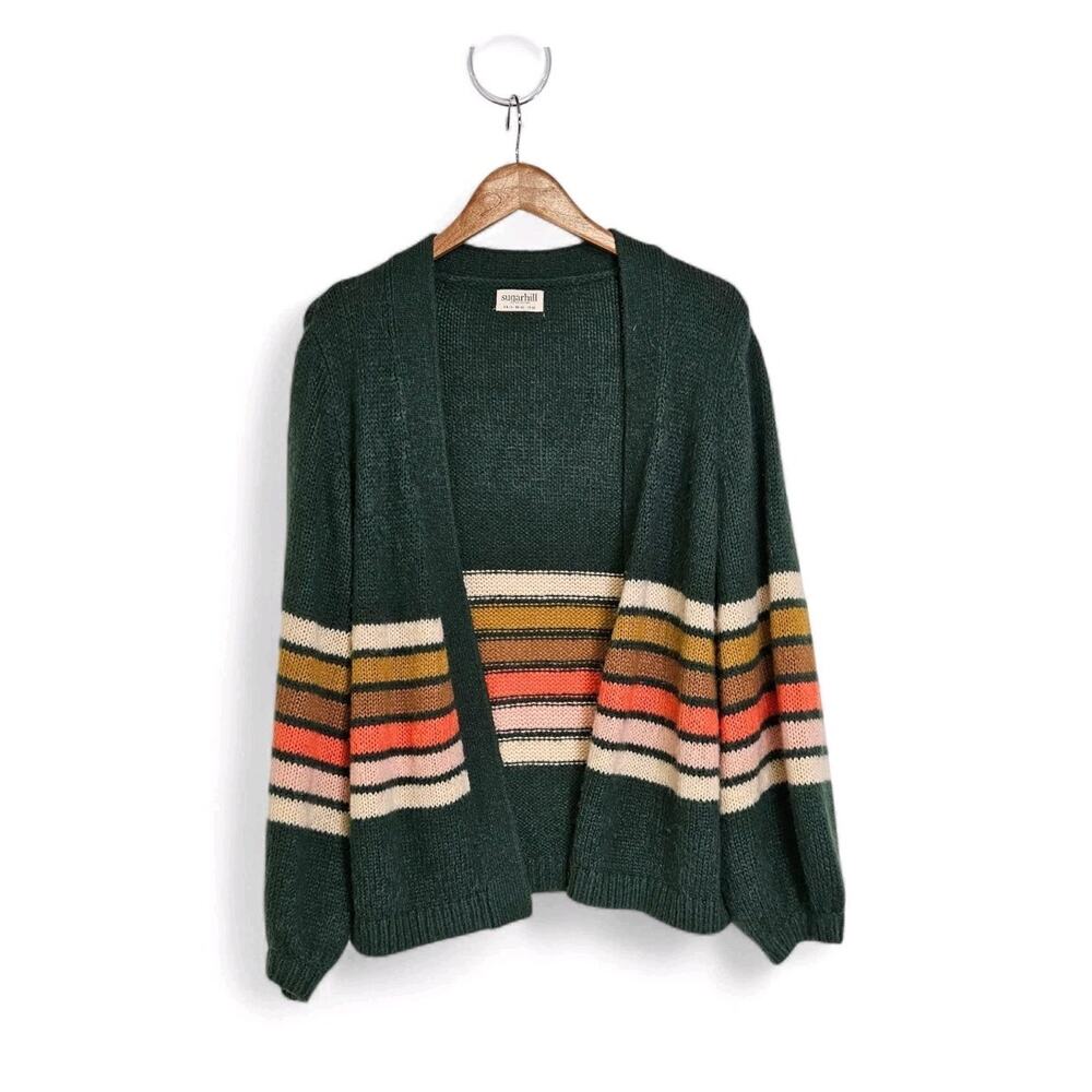 Sugarhill Brighton Yvette Green Striped Open Front Cozy Cardigan Sweater Size 10